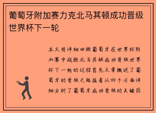 葡萄牙附加赛力克北马其顿成功晋级世界杯下一轮 葡萄牙附加赛力克北马其顿成功晋级世界杯下一轮